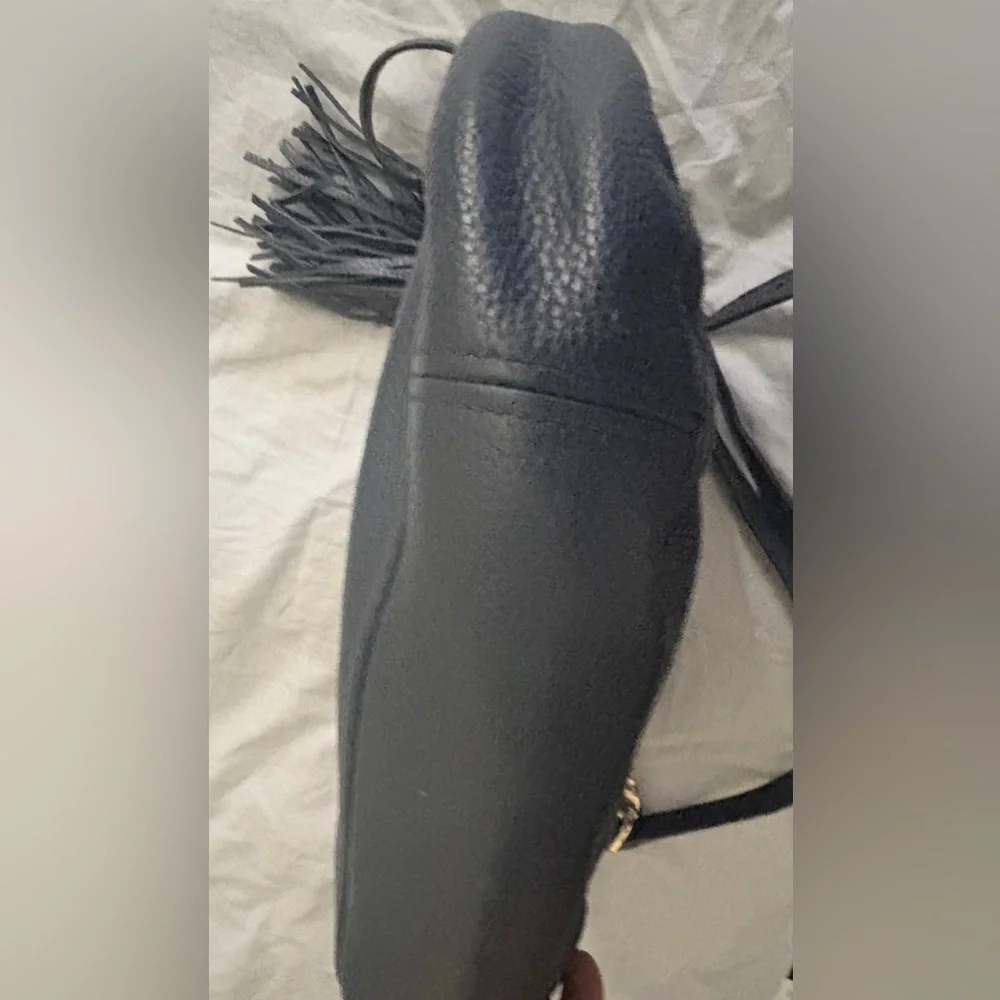 Michael Kors Navy Pebbled Leather Crossbody Authentic MK Tassel Gold Chain Strap - Picture 11 of 12